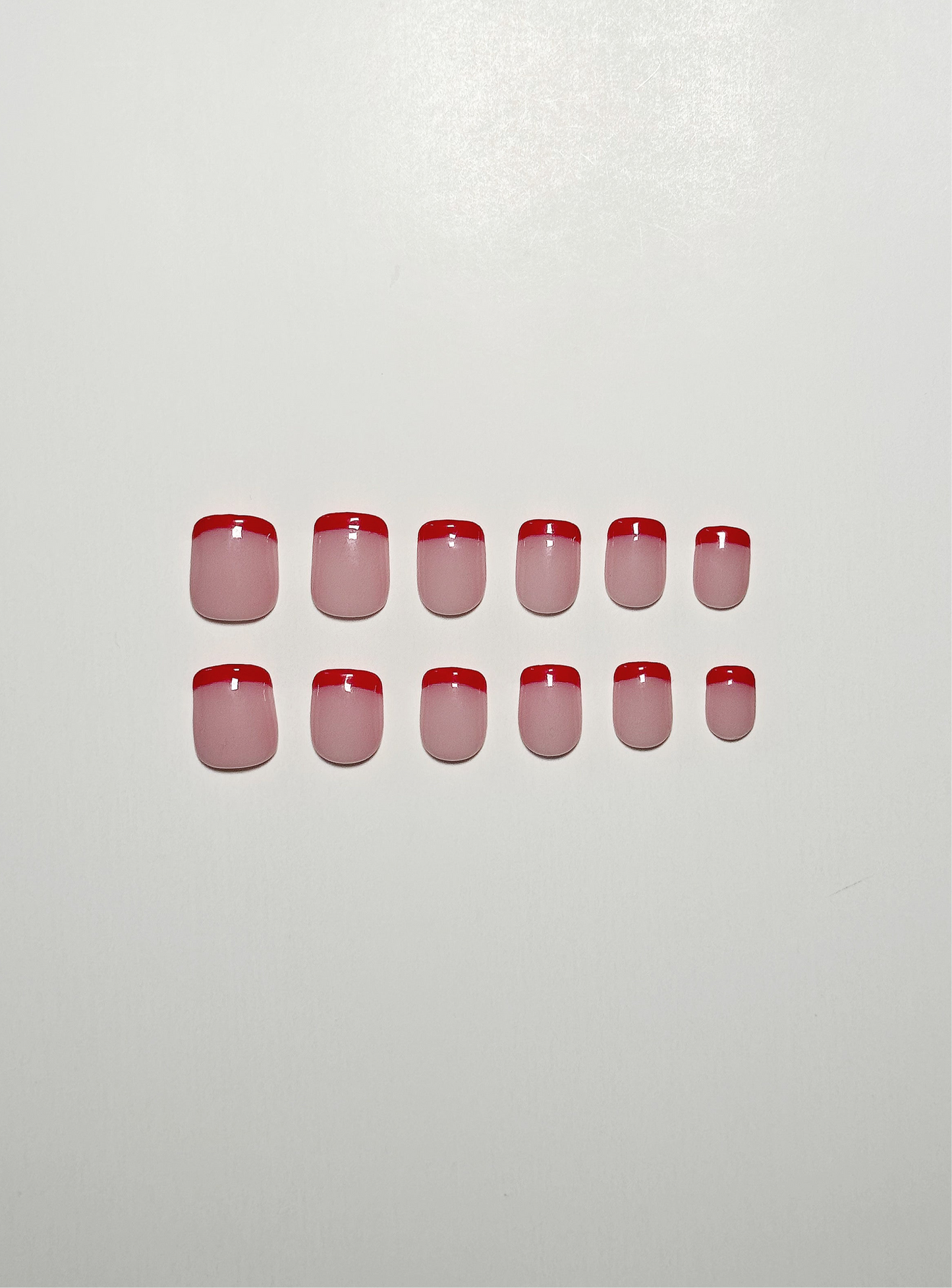 Red French manicure, extra short length, square shaped press on nails.