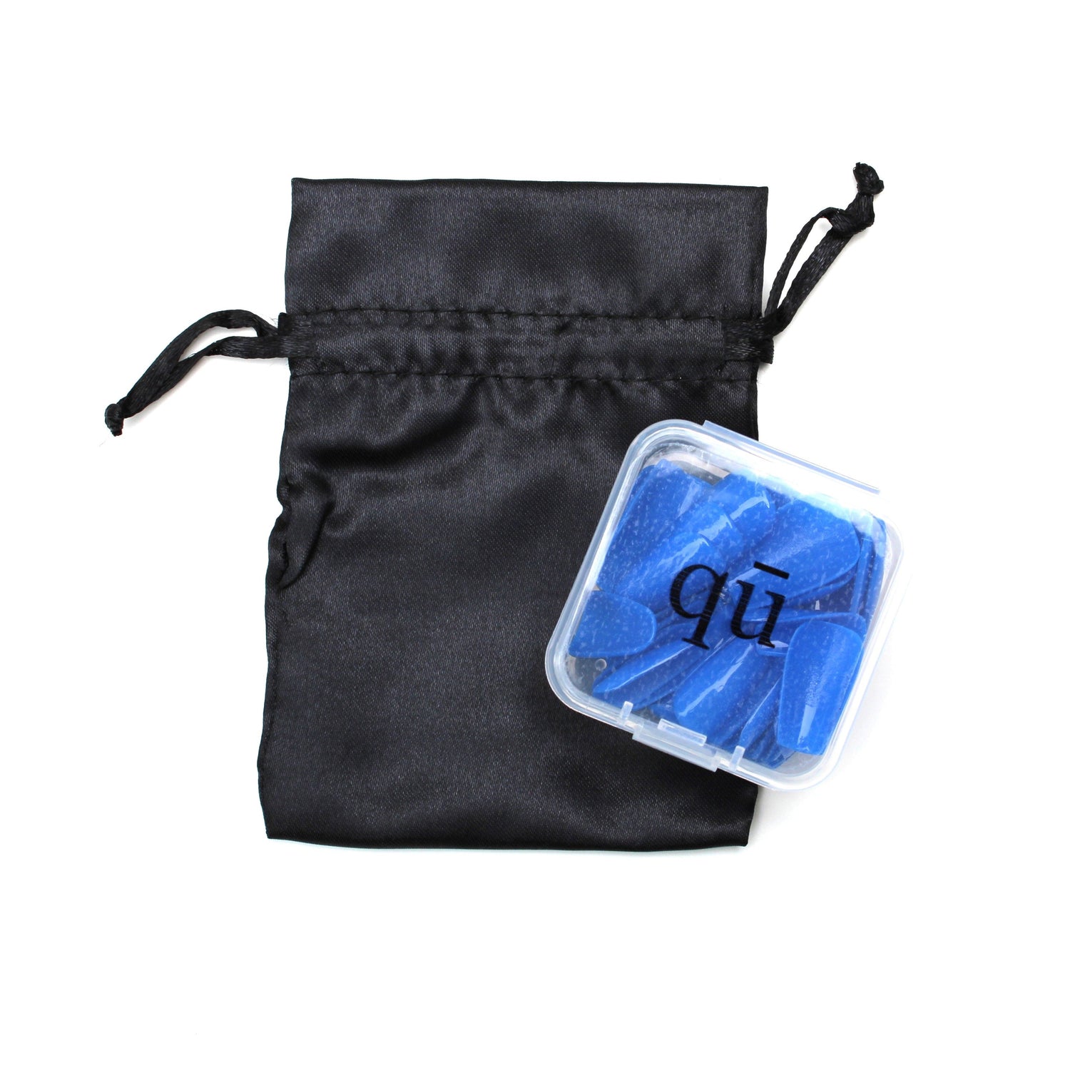 Black satin reusable drawstring bag with cobalt blue luxury press on nail product inside on a white background
