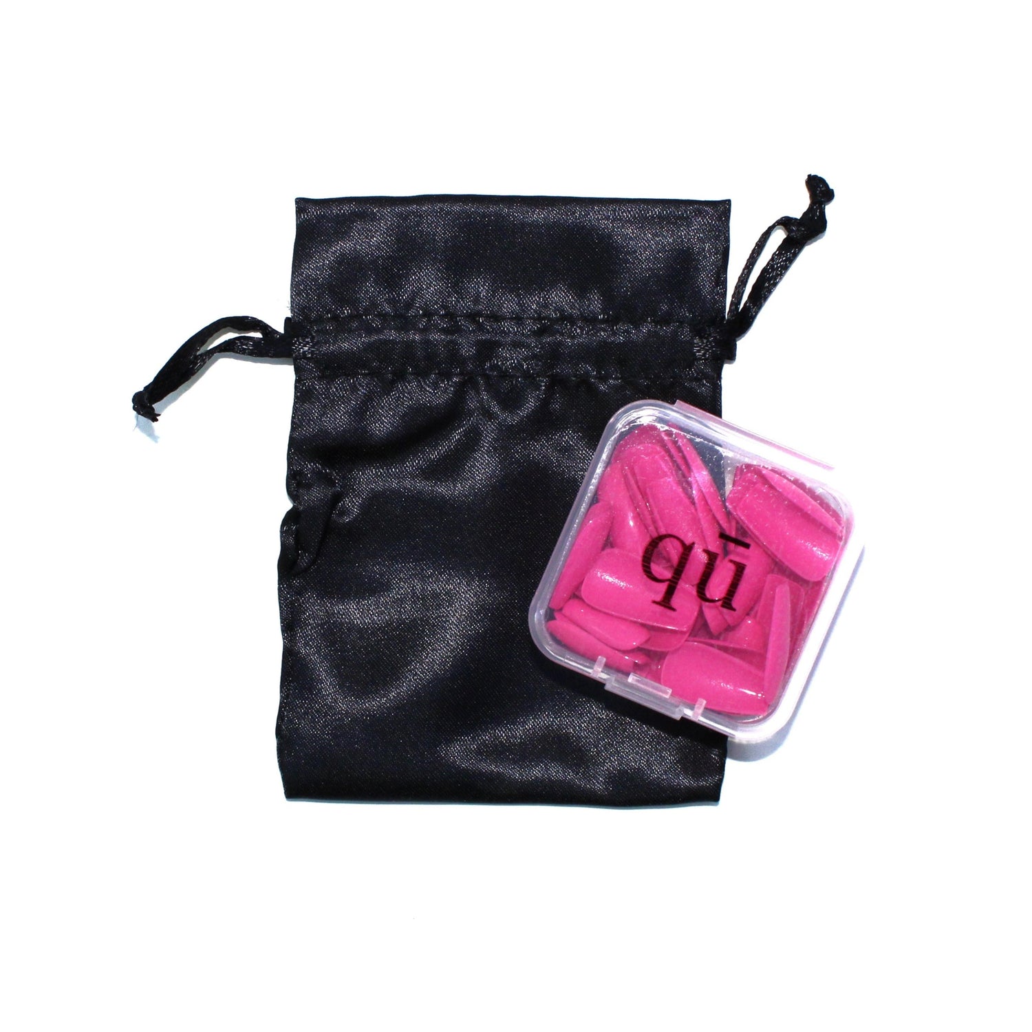 Black satin reusable drawstring bag with hot pink luxury press on nail product inside on a white background